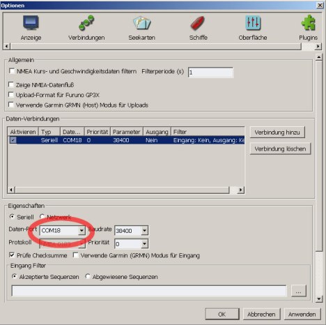 OpenCPN COM Einstellung